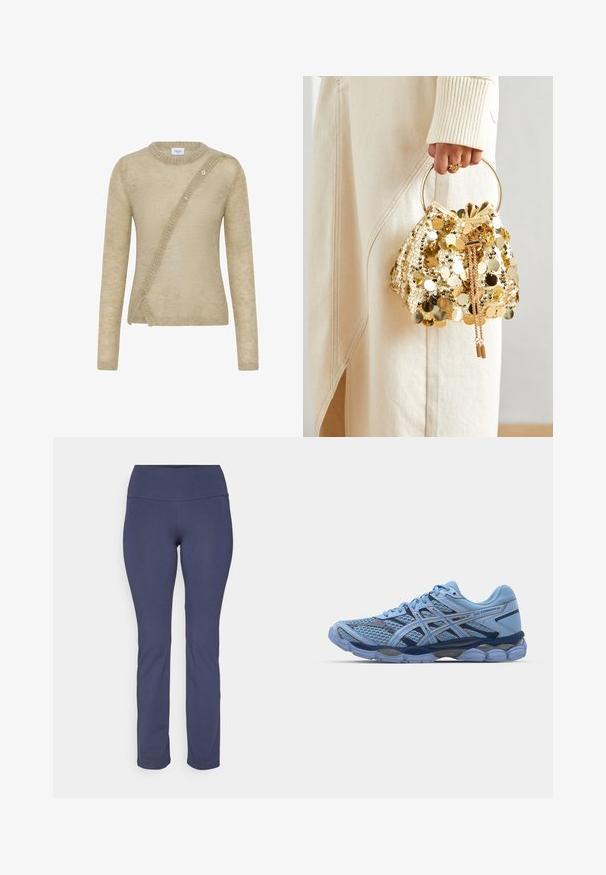 Béžový svetr vyrobený z měkkého materiálu, má dlouhé rukávy, oválný výstřih a asymetrické zapínání na knoflíky vpředu.; Navy modré legíny vyrobené z elastického materiálu s vysokým pasem, s hladkým povrchem a rovnými nohavicemi.; ASICS SportStyle GEL CUMULUS 16 UNISEX - Tenisky - stone wash/independence blue; Zlatá taška se šňůrkou a kruhovou rukojetí, pokrytá lesklými kulatými flitry a texturovanou tkaninou. Rozměry nejsou uvedeny.