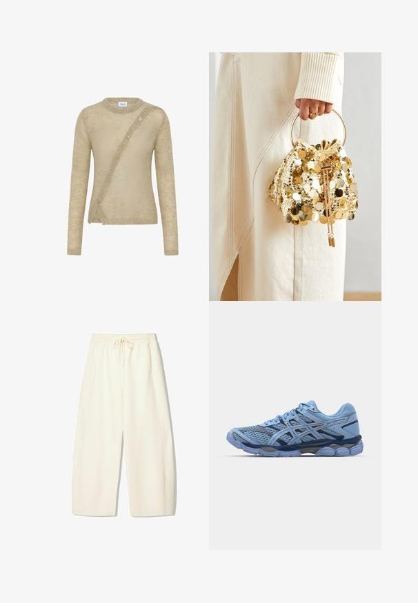 Béžový sveter vyrobený z mäkkého materiálu, s dlhými rukávmi, okrúhlym výstrihom a asymetrickým zapínaním na gombíky vpredu.; Krémové, voľné nohavice s elastickým pásom, šnúrkou a bočnými vreckami. Mäkká látka s hladkým povrchom.; ASICS SportStyle GEL CUMULUS 16 UNISEX - Tenisky - stone wash/independence blue; Zlatá taška na šnurovanie so zaoblenou rukoväťou, zdobená lesklými okrúhlymi flitrami a texturovaným materiálom. Rozmery nie sú uvedené.