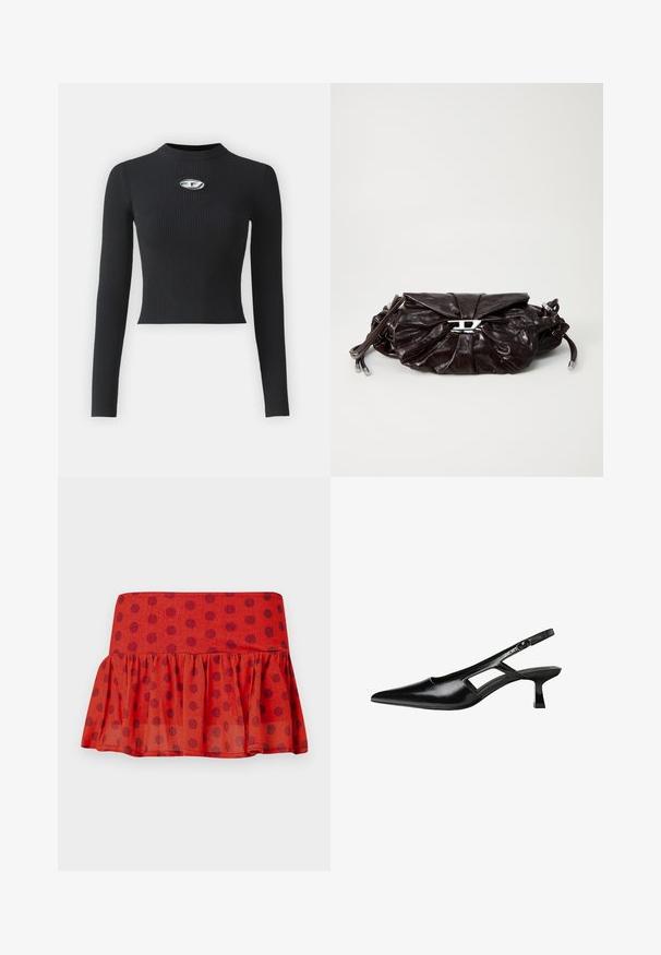 Mustat ribbitekstiilillä varustetut pitkät hihat, joissa on tiukka siluetti ja pyöreä kaula-aukko. Keskellä hopeanvärinen korostus.; Punainen röyhelöhame mustilla pilkuilla, valmistettu kevyestä kankaasta. Hameessa on istuva vyötärö ja kerroksellinen muotoilu.; Mustat lakatut nahkakengät, joissa on viistopää, leikattu sivusuunnassa ja pieni neliökoroke. Sujuva pinta, jossa on minimaalinen koristelu.; Tumma ruskea nahkakäsite, jossa on ryppyjä ja keskellä hopeanvärinen logo-klipsi, jonka seurana on ohut säädettävä olkahihna.