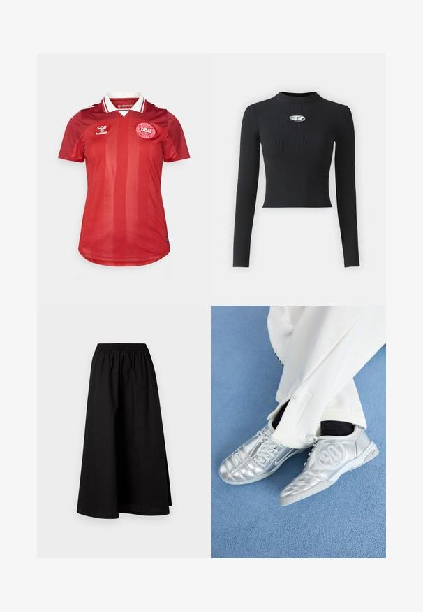 Juodas dirželis ilgomis rankovėmis viršutinis drabužis su prigludusia siluetu ir apvaliu iškirpimu. Pabrėžia centrinį sidabro spalvos aksesuarą.; Raudona futbolo marškiniai su vertikaliomis juostelėmis, trumpomis rankovėmis, balta apykakle ir DBU logo. Pagaminta iš lengvos medžiagos, tinkama sportui.; Juoda, kelių ilgumo sijonas, pagamintas iš lengvos medžiagos, su elastinga juosmens juosta ir laisva A formos silueto išvaizda. Neturi matomų raštų.; Sidabriniai sportiniai batai su lygiu, blizgiu paviršiumi, turintys siuvinėtą dizainą ir numerį 90 šone, derinami su baltais kelnėmis.