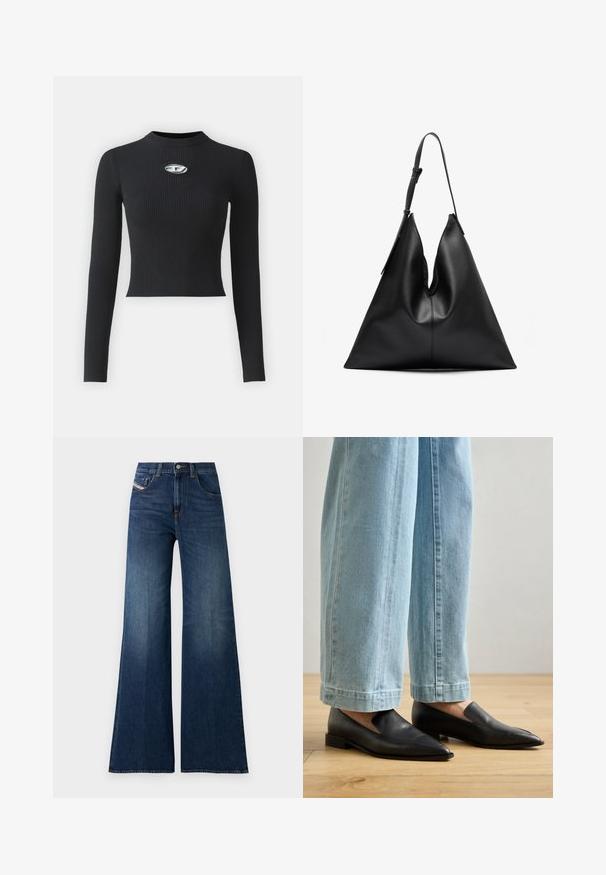 Melna ribota garām piedurknēm topa ar pieguļošu siluetu un apaļu kakla izgriezumu. Uztver centrālo sudraba aksesuāru.; Tumši zili augstās jostasvietas platajās biksēs ar priekšējiem un monētu kabatām, pogu aizdari un vieglām nolietojuma detaļām uz augšstilbiem.; Melna ādas kurpes ar punktēta purngala formu un bez sprādzēm, savienotas ar gaismas zila izmēra biksēm ar plašām kājām, uz koka grīdas.; Melna ādas trīsstūra formas rokassoma ar vienu regulējamu plecu siksnu un mīkstu, nedaudz sagrūstu struktūru.