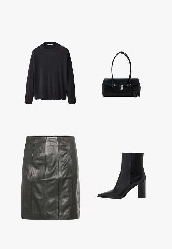 Maglione nero lavorato a maglia con scollatura a girocollo a coste, maniche lunghe e orlo dritto. Texture morbida, design minimalista e stile versatile.; Gonna in pelle nera con una silhouette aderente, caratterizzata da cuciture verticali per un tocco di texture e una finitura liscia.; Stivale alla caviglia in pelle nera con punta affilata, tacco quadrato, texture liscia e dettagli di cucitura lungo le cuciture. I tacchi misurano circa 3,5 pollici.; Borsa a mano in pelle nera con una texture liscia, design strutturato, doppi manici e un dettaglio clasp in argento al centro.