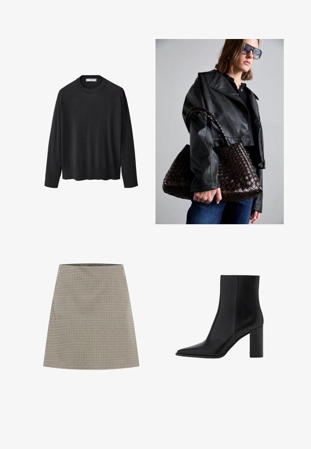 Pull en tricot noir avec un col rond côtelé, des manches longues et un ourlet droit. Texture douce, design minimaliste et style polyvalent.; Jupe A-line grise avec un petit motif à carreaux. Elle présente une texture lisse et une ceinture propre. Arrive au-dessus du genou.; Botte chelsea en cuir noir avec un bout pointu, un talon carré, une texture lisse et des détails de couture le long des coutures. Les talons mesurent environ 8,9 cm.; DRAGON DIFFUSION SANTA CROCE BIG - Sac à main - dark brown