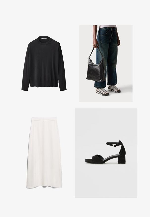 Zwarte gebreide trui met een ribbelkraag, lange mouwen en een rechte zoom. Zachte textuur, minimalistisch ontwerp en veelzijdige stijl.; Witte A-lijn rok van een gladde stof, met een hoge tailleband en een vloerlange snit met een subtiele val.; Zwarte suede hakken met een dunne enkelband, open teen ontwerp en een bescheiden blokhak. Zachte textuur en minimale accenten.; Zwarte leren schoudertas met een gladde textuur en een verstelbare strap, gecombineerd met vervaagde wijde jeans en sportieve sneakers.