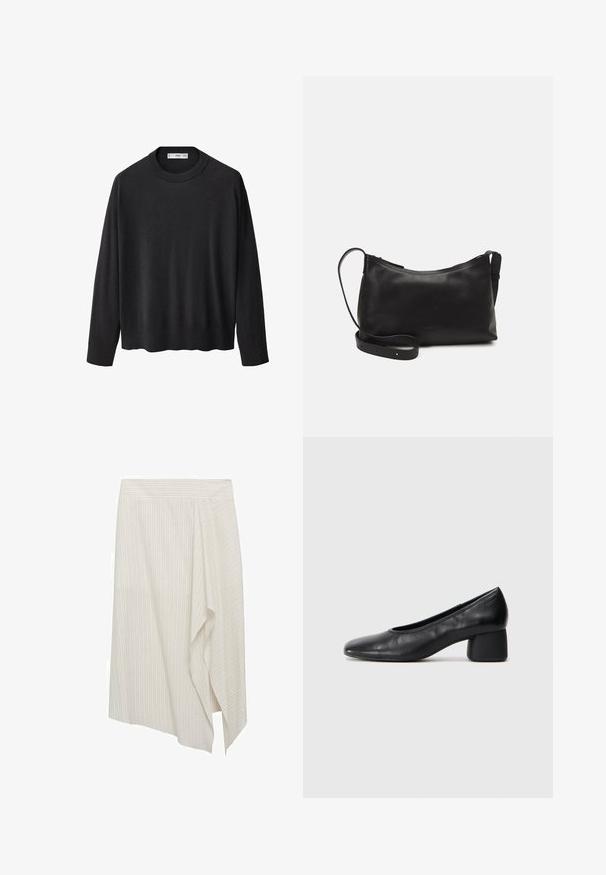 Schwarzer Strickpullover mit geripptem Rundhalsausschnitt, langen Ärmeln und geradem Saum. Weicher Textur, minimalistisches Design und vielseitiger Stil.; Asymmetrischer weißer Rock mit hellen vertikalen Streifen, ausgestattet mit einem drapierten Design und glatter Stofftextur. Einfacher Bund, ungeschmückt.; Schwarze Lederpumps mit runder Zehenpartie und mittelhohem Blockabsatz. Glatte Textur mit minimalen Details, ausgestattet mit einem dezenten elastischen Einstieg.; Schwarze Ledertasche für die Schulter mit glatter Textur, geschwungener Form, verstellbarem Tragegurt und Reißverschluss. Minimalistisches Design ohne Verzierungen.