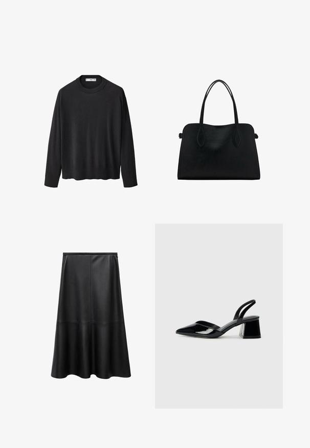 Zwarte gebreide trui met een ribbelkraag, lange mouwen en een rechte zoom. Zachte textuur, minimalistisch ontwerp en veelzijdige stijl.; Zwarte leren rok in A-lijn, knie-lengte, gladde textuur, naaddetails, uitlopende zoom en onzichtbare rugrits sluiting.; Zwarte gepatineerde leren slingback hakken met een spitse neus en een geometrische blokhak. Kenmerkt zich door een slank, minimalistisch ontwerp en een gladde textuur.; Zwarte leren handtas met dubbele schouderriemen, rechthoekige vorm en minimalistisch ontwerp op een witte achtergrond.