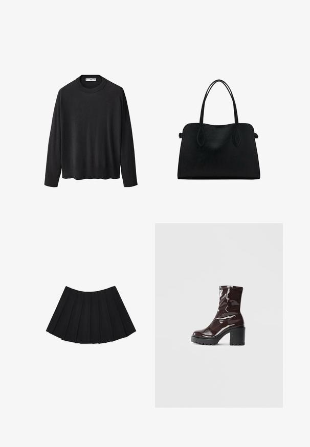 Zwarte gebreide trui met een ribbelkraag, lange mouwen en een rechte zoom. Zachte textuur, minimalistisch ontwerp en veelzijdige stijl.; Zwarte geplooide rok met meerdere verticale plooien, een gladde textuur en een ronde zoomlijn, ontworpen met een verborgen zijrits.; Glanzende bordeauxrode enkelboot met een chunky zwarte hak, met een gladde textuur en een eenvoudig ontwerp. Geen zichtbare sluitingen of patronen.; Zwarte leren handtas met dubbele schouderriemen, rechthoekige vorm en minimalistisch ontwerp op een witte achtergrond.