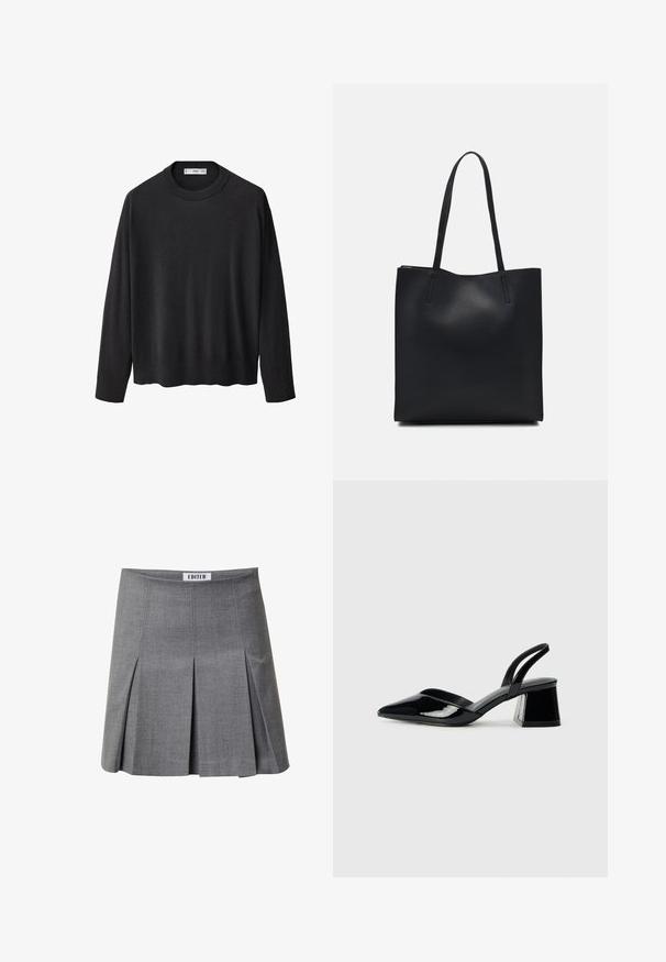 Schwarzer Strickpullover mit geripptem Rundhalsausschnitt, langen Ärmeln und geradem Saum. Weicher Textur, minimalistisches Design und vielseitiger Stil.; Grauer plissierter Rock aus strukturiertem Stoff. Verfügt über einen geraden Schnitt, einen dezenten Glanz und ein Etikett am Bund. Entworfen für eine figurbetonte Silhouette.; Schwarze Lackleder-Slingback-High Heels mit spitzem Schuh und einem geometrischen Blockabsatz. Verfügt über ein schlankes, minimalistisches Design und eine glatte Textur.; Schwarze Laptoptasche aus Leder mit glatter Textur, rechteckiger Form und zwei langen Griffen. Keine sichtbaren Beschläge oder Verzierungen.
