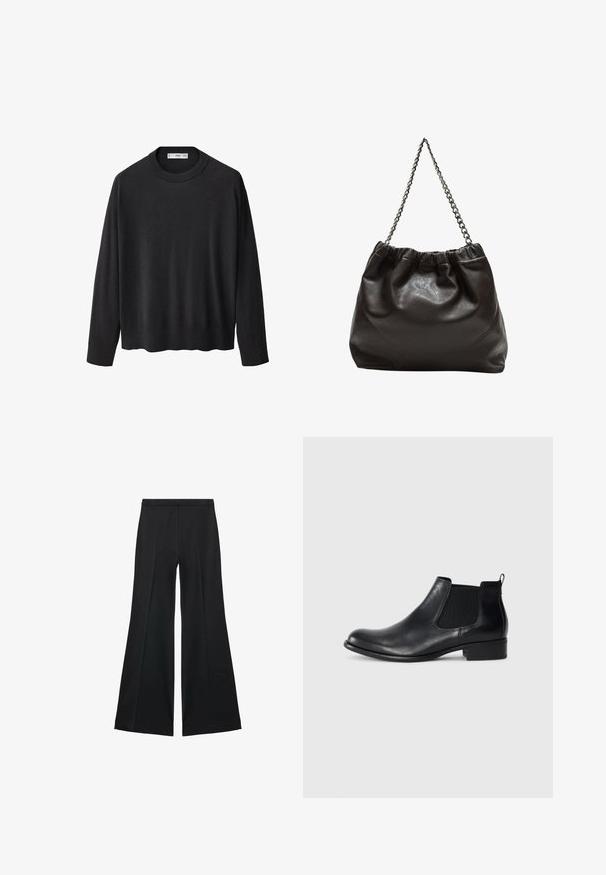 Crna pletena jakna s rebrastim okruglim izrezom, dugim rukavima i ravnim rubom. Mekana tekstura, minimalistički dizajn i svestran stil.; Crne široke hlače s glatkom teksturom, koje imaju prednje nabore i kroj po mjeri. Tkanina je lagana i lepršava.; Crne kožne Chelsea čizme do članaka s elastičnim bočnim panelima, zaobljenim prstima, omčom na zadnjem dijelu i niskom blok peta. Glatka tekstura.; Smeđa kožna torba s naboranim vrhom i lančićem za nošenje. Glatka tekstura s sjajnim završetkom i suptilnim šavnim detaljima sa strane.