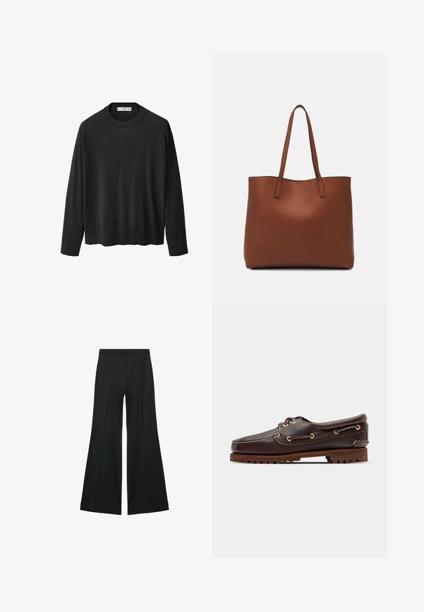 Schwarzer Strickpullover mit geripptem Rundhalsausschnitt, langen Ärmeln und geradem Saum. Weicher Textur, minimalistisches Design und vielseitiger Stil.; Schwarze weit geschnittene Hose mit glatter Textur, ausgestattet mit Frontfalten und einem taillierten Design. Der Stoff ist leicht und fließend.; Braune Lederbootsschuhe mit goldenen Ösen, runden Schnürsenkeln und einer strukturierten braunen Gummisohle. Verfügt über genähte Details und ein erhabenes Logo.; Braune Leder-Tote mit glatter Textur, offenem Oberteil und zwei Schulterriemen. Verfügt über minimale Nähte und keine sichtbaren Beschläge.