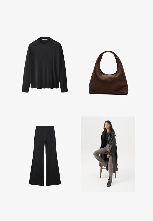 Svart stickad tröja med ribbat rundhals, långa ärmar och rak fåll. Mjuk textur, minimalistisk design och mångsidig stil.; Svarta vida byxor med en slät textur, med framfickor och skräddarsydd design. Tyget är lätt och flödande.; Svart läder trench coat med knappar och bälte, matchad med ljusbruna åtsittande byxor och svarta loafers, sittande på en träpall.; Mjuk brun hobo-väskastil med ett brett axelband och en rundad öppning upptill, visad på en vit bakgrund.