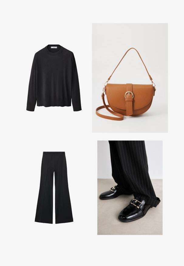 Zwarte gebreide trui met een ribbelkraag, lange mouwen en een rechte zoom. Zachte textuur, minimalistisch ontwerp en veelzijdige stijl.; Zwarte wijde-pijpen broek met een gladde textuur, gekenmerkt door voorplooien en een op maat gemaakte uitstraling. De stof is lichtgewicht en vloeiend.; Zwarte leren schoenen met een glanzende afwerking, voorzien van een grote gouden gesp en band, gecombineerd met zwart gestreepte broek.; Bruine leren schoudertas met een gebogen vorm, gouden hardware en een gespaccent. Bevat een afneembare schouderriem.