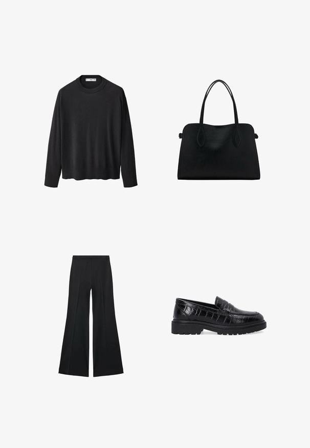 Schwarzer Strickpullover mit geripptem Rundhalsausschnitt, langen Ärmeln und geradem Saum. Weicher Textur, minimalistisches Design und vielseitiger Stil.; Schwarze weit geschnittene Hose mit glatter Textur, ausgestattet mit Frontfalten und einem taillierten Design. Der Stoff ist leicht und fließend.; Schwarze Loafers aus glänzendem, krokodilgeprägtem Leder, mit abgerundeter Zehenpartie, dekorativer Naht und einer dicken, strukturierten Sohle.; Schwarze Lederhandtasche mit zwei Schulterriemen, rechteckiger Form und minimalistischem Design auf weißem Hintergrund.