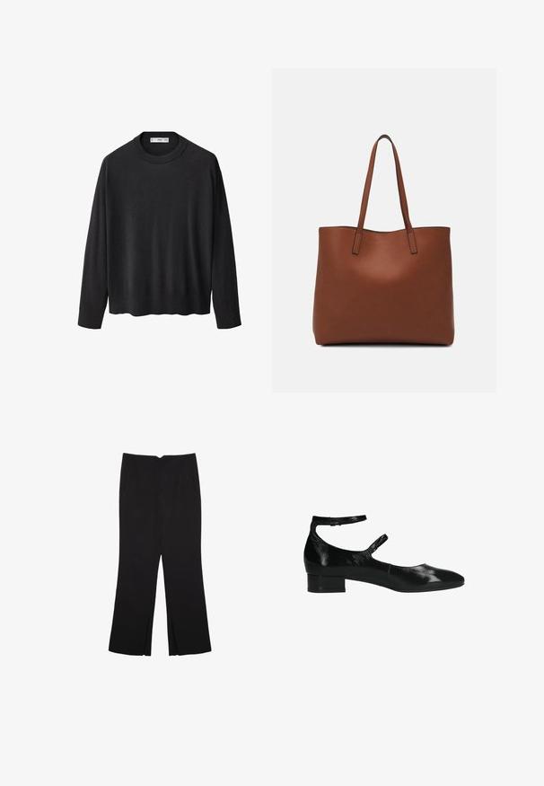 Maglione nero lavorato a maglia con scollatura a girocollo a coste, maniche lunghe e orlo dritto. Texture morbida, design minimalista e stile versatile.; Pantaloni neri a gamba dritta, con tasche frontali e spacchi laterali all'orlo. Realizzati in tessuto morbido e liscio. Adatti a diverse occasioni.; Scarpe in vernice nera con tacco basso a blocco, dotate di cinturino alla caviglia e punta arrotondata. Texture liscia con una finitura lucida.; Borsa tote in pelle marrone con texture liscia, design con apertura superiore e due spallacci. Presenta cuciture minime e nessun hardware visibile.