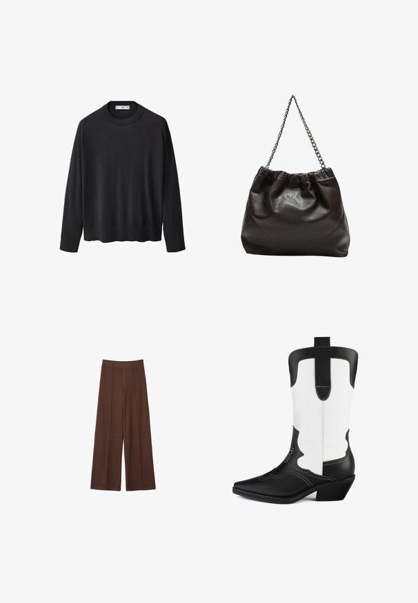 Schwarzer Strickpullover mit geripptem Rundhalsausschnitt, langen Ärmeln und geradem Saum. Weicher Textur, minimalistisches Design und vielseitiger Stil.; Braune Hosen mit weitem Bein aus weichem Stoff, mit hoher Taille, vertikalen Nahtdetails und glatter Oberfläche.; Schwarz-weißer Cowboy-Stiefel aus synthetischem Leder, mit spitzem Absatz, gewelltem Design und niedrigem Blockabsatz. Auffällige Nähte.; Braune Lederhandtasche mit gerafftem Oberteil und Kettenriemen. Glatte Textur mit glänzendem Finish und subtilen Nahtdetails an den Seiten.