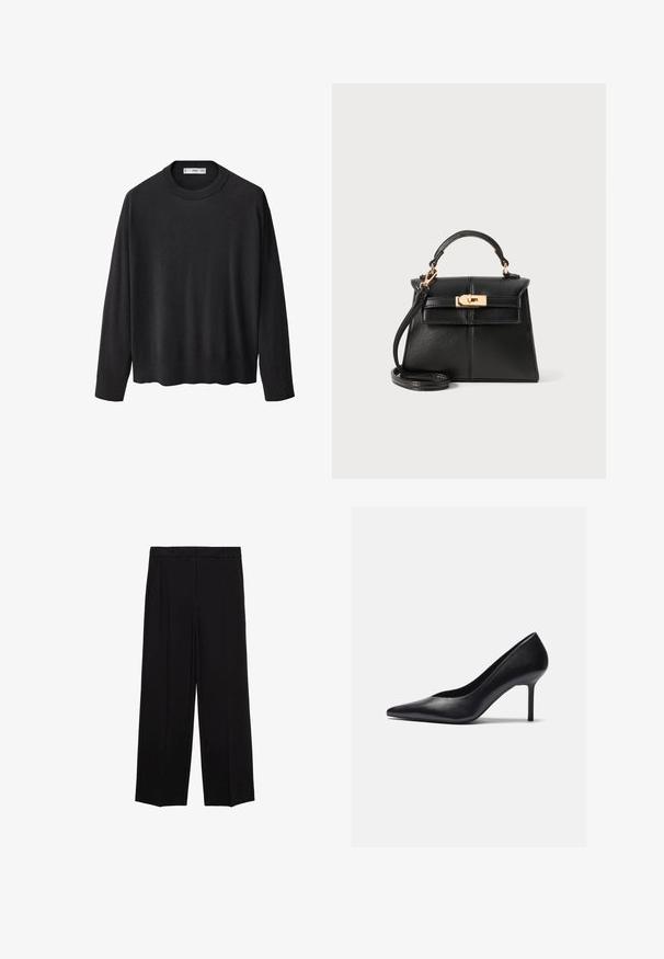 Črna pletena jopica z rebrastim ovratnikom, dolgimi rokavi in ravnim robom. Mehka tekstura, minimalistična zasnova in vsestranski slog.; Črne široke hlače iz gladkega materiala, z gubami spredaj in stranskimi žepi, zasnovane v ravnem, sproščenem kroju.; Črne usnjene visoke petke z ostrim nosom in vitkim stiletom, z gladko teksturo in minimalističnim dizajnom.; Črna usnjena torbica s strukturiranim dizajnom, zgornjo ročico, odstranljivo naramnico in zlatim okovjem na magnetnem zapiranju.