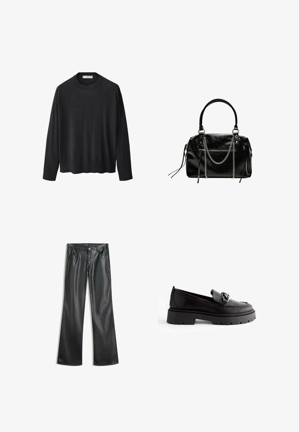 Zwarte gebreide trui met een ribbelkraag, lange mouwen en een rechte zoom. Zachte textuur, minimalistisch ontwerp en veelzijdige stijl.; Zwarte nep leren flared broek met een gladde textuur, vijf zakken, ritssluiting aan de voorkant en contrasterende stiksels.; Zwarte leren loafers met een robuuste zwarte buitenzool, voorzien van een brede band en decoratieve hardware op de bovenkant. Minimalistisch ontwerp.; Bershka WITH CHAIN - Handtas - black