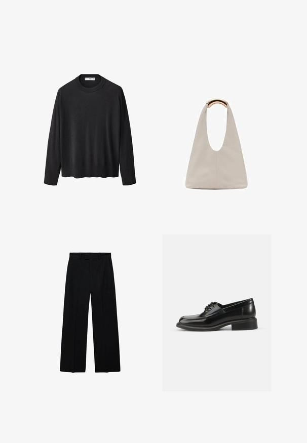 Mustana neulottuna neuleena, jossa on ribbireunuksellinen pyöreä kaula-aukko, pitkät hihat ja suora helma. Pehmeä tekstuuri, minimalistinen muotoilu ja monikäyttöinen tyyli.; Musta korkea vyötärö, leveälahkeiset housut, joissa on vyölenkit ja sivutaskut, etuosassa vetoketjukiinnitys ja nappi.; Musta nahkakengät, joissa on sileä pinta, pyöreä kärki, kaksilenkki nauhoitus ja tukevat lohkokanta. Yksinkertainen muotoilu ilman kuvioita.; Vaalea harmaa nahkalaukku, jossa on U-muotoinen muotoilu ja kaareva metallikahva. Suora pinta, jossa on minimaalinen ompelu ja ei näkyviä kuvioita.