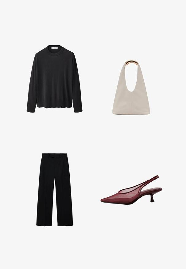 Czarny sweter dzianinowy z prążkowanym okrągłym dekoltem, długimi rękawami i prostym dołem. Miękka faktura, minimalistyczny design i wszechstronny styl.; Czarne, wysokie spodnie z szerokimi nogawkami, z pętelkami na pasek i bocznymi kieszeniami, z zamkiem błyskawicznym z przodu oraz zapięciem na guzik.; Burgundowe sandały na obcasie z odkrytą piętą, z wąskim czubkiem i siateczkowym wierzchem. Posiadają smukły obcas oraz wycięcia, co zapewnia elegancki zarys.; Jasnoszara skórzana torba o kształcie litery U z zakrzywionym metalowym uchwytem. Gładka tekstura z minimalnymi szwami i bez widocznych wzorów.