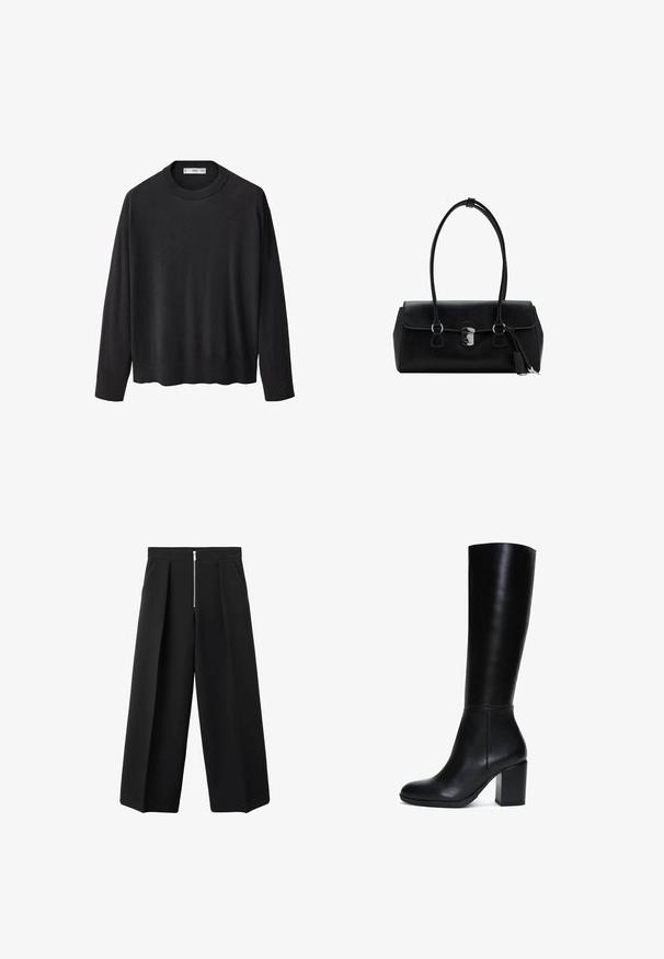 Zwarte gebreide trui met een ribbelkraag, lange mouwen en een rechte zoom. Zachte textuur, minimalistisch ontwerp en veelzijdige stijl.; Zwarte wijde broek met voorplooien en een zichtbare zilveren ritsluiting aan de taille, vlakke voorkant en zijzakken.; Kniehoge zwarte leren laars met een gladde textuur, ronde neus en een vierkante blokhak. Heeft minimale hardware en een strak ontwerp.; Zwarte leren handtas met een gladde textuur, gestructureerd ontwerp, dubbele hengsels en een zilveren sluiting in het midden.