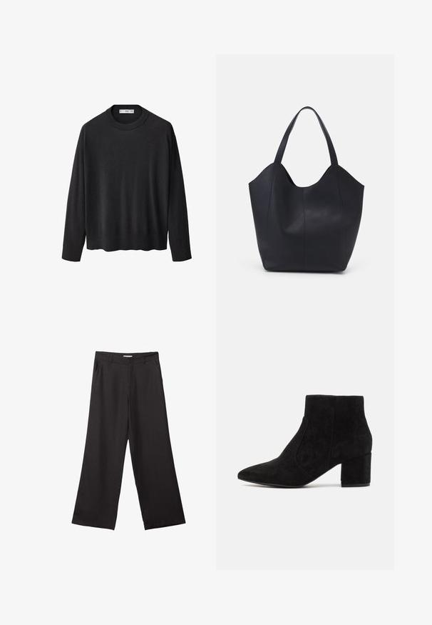 Sort strikket sweater med en ribbet rund halsudskæring, lange ærmer og en lige kant. Blød tekstur, minimalistisk design og alsidig stil.; Sorte bukser med vidde, lavet af glat stof, med en frontlynlås og to sidelommer, i en skræddersyet pasform og minimalistisk design.; Sorte ankelstøvler i ruskind med spids tå og blokhæle. Designet er elegant med sømløse sideløsninger, der skaber et minimalistisk udseende.; Sort tote taske lavet af glat læder, med en buet, åben top, to skulderstropper og et minimalistisk design.