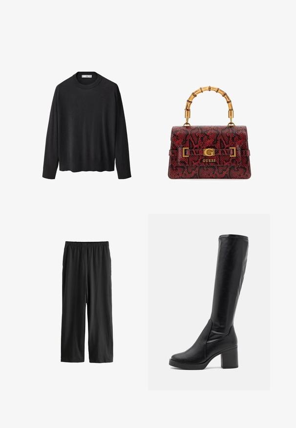 Čierny pletený sveter s rebrovaným okrúhlym výstrihom, dlhými rukávmi a rovnom lemovaním. Mäkka textúra, minimalistický dizajn a univerzálny štýl.; Čierne nohavice po kolená vyrobené z ľahkej tkaniny. Elastický pás a hladká textura so strihom priamo. Žiadne viditeľné detaily alebo vzory.; Čierne čižmy po kolená vyrobené z hladkej kože s masívnym podpätkom a zaoblenou špičkou. Majú bezšvový dizajn a jemné prešívanie.; Guess SIBEL - Kabelka - rot