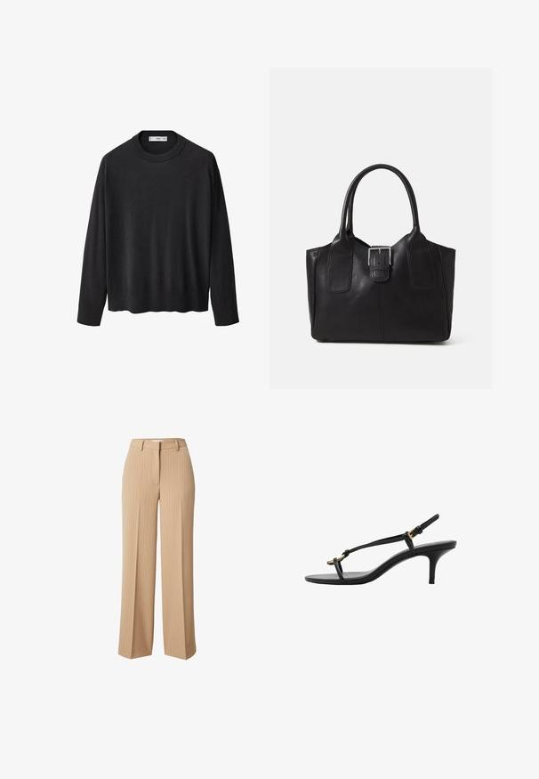 Schwarzer Strickpullover mit geripptem Rundhalsausschnitt, langen Ärmeln und geradem Saum. Weicher Textur, minimalistisches Design und vielseitiger Stil.; Beige gestreifte weite Hose mit tailliertem Bund und Gürtelschlaufen, ausgestattet mit einer glatten Textur und einer klassischen, geraden Passform.; Schwarze Leder-Kitten-Heel-Sandale mit dünnen Riemen, goldener Schnalle und minimalistischer Zehen-Schlaufe vor einem weißen Hintergrund.; Schwarze Leder-Tote mit glatter Textur, strukturiertem Design, zwei Griffen und einem auffälligen silbernen Schnallen-Detail auf der Vorderseite.