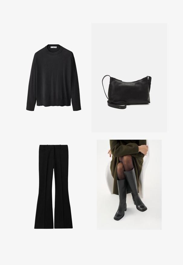Črna pletena jopica z rebrastim ovratnikom, dolgimi rokavi in ravnim robom. Mehka tekstura, minimalistična zasnova in vsestranski slog.; Reiss GABI FLARED - Hlače - black; Črne usnjene čevlje do kolen s kvadratnim prstom in blok peto, prikazani na modelu, ki sedi v olivno zeleni plašču. Gladka tekstura, minimalne podrobnosti.; Črna usnjena torba čez ramo z gladko teksturo, ukrivljeno obliko, nastavljivim trakom in zadrgo. Minimalističen dizajn brez okrasnih detajlov.
