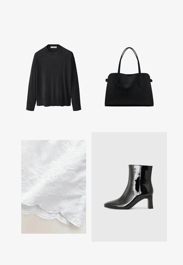 Sort strikket sweater med en ribbet rund halsudskæring, lange ærmer og en lige kant. Blød tekstur, minimalistisk design og alsidig stil.; Hvidt stof med blomsterbroderi, prydet med scalloperede kanter. Teksturen er glat med en let glans. Indviklet detaljering i designet.; Sort lakeret ankelstøvle med spids tå og en midt-højde blokhæl. Glat tekstur og minimalistisk design.; Sort læderhåndtaske med dobbelte skulderremme, rektangulær form og minimalistisk design på en hvid baggrund.