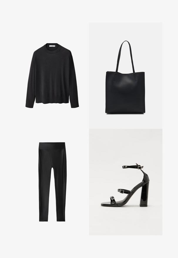 Černý pletený svetr s vroubkovaným kulatým výstřihem, dlouhými rukávy a rovnými lemy. Měkká textura, minimalistický design a univerzální styl.; Černé legíny s hladkým, lesklým povrchem, vysokým pasem a celkovým střihem, bez viditelných vzorů nebo akcentů.; Černé lakované sandály na podpatku se čtveratou špičkou, lýtkovými pásky a stříbrnými přezkami. Disponují masivním blokovým podpatkem pro stabilitu.; Černá kožená taška přes rameno s hladkým povrchem, obdélníkovým tvarem a dvěma dlouhými uchy. Žádné viditelné kování ani ozdoby.