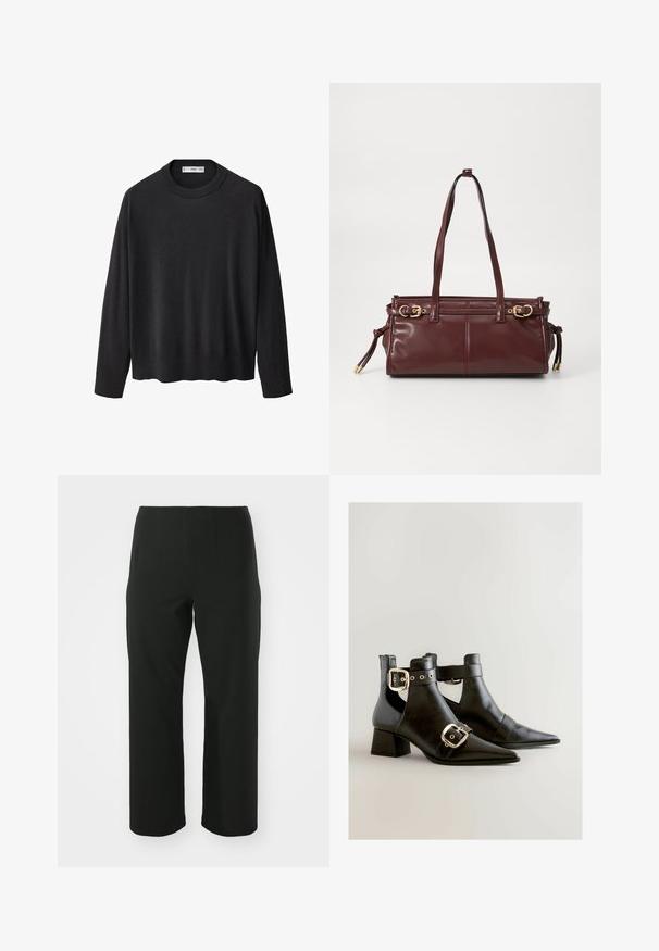 Sort strikket sweater med en ribbet rund halsudskæring, lange ærmer og en lige kant. Blød tekstur, minimalistisk design og alsidig stil.; Vero Moda Curve VMCAUGUSTA PANT - Bukser - black; Sorte læder ankelstøvler med spidse tæer, med justerbare spænder og blokhæle, glat tekstur og minimalistisk design.; Bordeaux læder håndtaske med to skulderremme, hardware i guld tone og lynlås lukning. Har en glat overflade og subtile syninger.