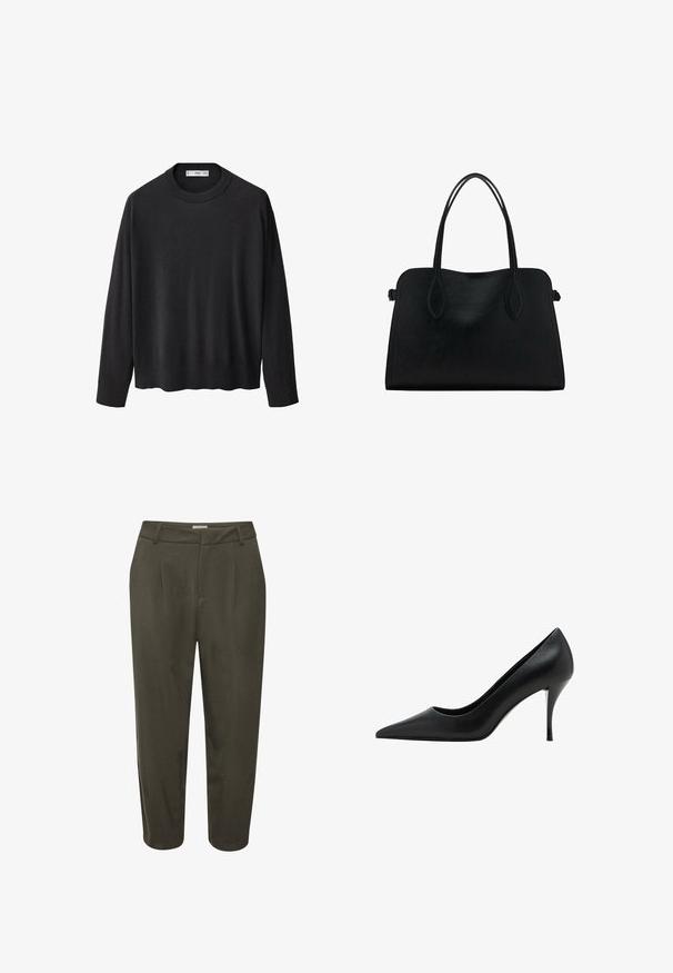 Črna pletena jopica z rebrastim ovratnikom, dolgimi rokavi in ravnim robom. Mehka tekstura, minimalistična zasnova in vsestranski slog.; Temno zelene hlače s poudarki, oprijete pasom in skrajšano dolžino. Narejene so iz gladkega materiala z rahlim sijajem.; Črne usnjene visokodebelne čevlje z ostrim nosom, gladko teksturo in vitkim stiletto peto, ki se ponaša z minimalističnim dizajnom.; Črna usnjena torbica z dvema naramnima trakoma, pravokotne oblike in minimalističnim dizajnom na beli podlagi.