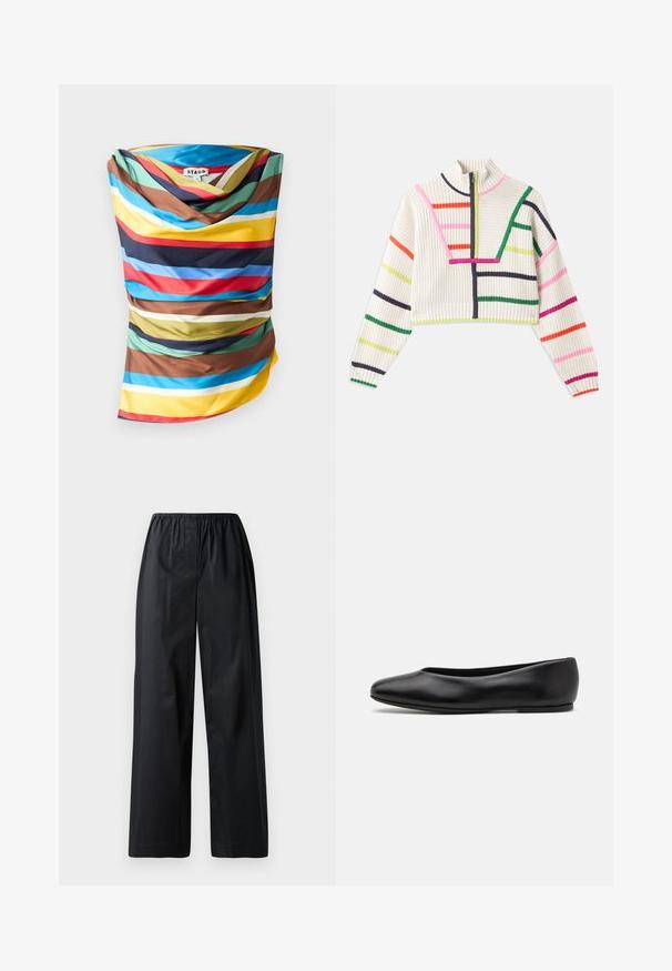 Maglione corto a maglia in crema con strisce multicolore. Collo alto con una mezza zip, polsini a coste e tessuto testurizzato.; Foulard multicolore con audaci strisce orizzontali nelle tonalità di blu, rosso, giallo, marrone e verde. Tessuto liscio con design drappeggiato.; Pantaloni neri a gamba larga con vita elasticizzata, caratterizzati da una texture liscia e senza tasche o decorazioni visibili.; Paul Smith TOPANGA - Ballerine - black