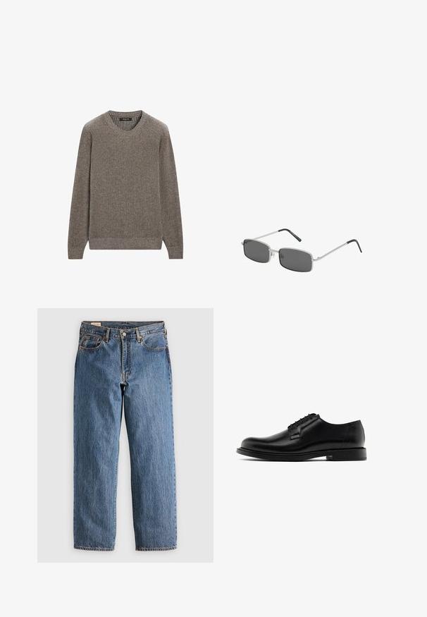 Pull en tricot côtelé marron avec un col rond et des manches longues, présentant un tissu texturé et des poignets et un ourlet ajustés. Design simple.; Débardeur noir à côtes avec un col rond et de larges emmanchures, fabriqué à partir d'un tissu doux et extensible. Étiquette : Pull&Bear.; Jeans en denim bleu avec une coupe droite, présentant une taille haute, des rivets en cuivre et des coutures orange. Poches avant et arrière incluses.; Chaussure habillée en cuir noir avec une texture lisse, bout rond, cinq œillets et une semelle en caoutchouc plate. Design minimaliste sans embellissements visibles.; Lunettes de soleil rectangulaires avec des verres gris foncé, monture en métal argenté fin et embouts de branches en caoutchouc noir. Design minimaliste.; Montre en quartz noire avec un cadran noir texturé, des index horaires en argent et un affichage de la date. Elle est dotée d'un bracelet en cuir noir et d'un boîtier en acier inoxydable.