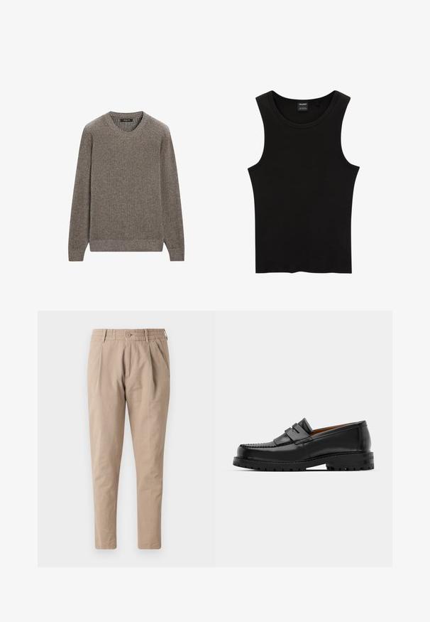Brązowy sweter dzianinowy w prążki z okrągłym dekoltem i długimi rękawami, z teksturowanej tkaniny, z dopasowanymi mankietami i dołem. Prosty design.; Czarny prążkowany top bez rękawów z okrągłym dekoltem i szerokimi wycięciami na ramionach, wykonany z miękkiego, elastycznego materiału. Metka: Pull&Bear.; Beżowe bawełniane spodnie o luźnym kroju, z elastycznym pasem, zapięciem na guzik i bocznymi kieszeniami. Gładka faktura, zwężany krój nogawek.; Czarne skórzane mokasyny mają wyraźny szew, dwa dekoracyjne paski na górze oraz grubą, teksturowaną podeszwę dla lepszej przyczepności.
