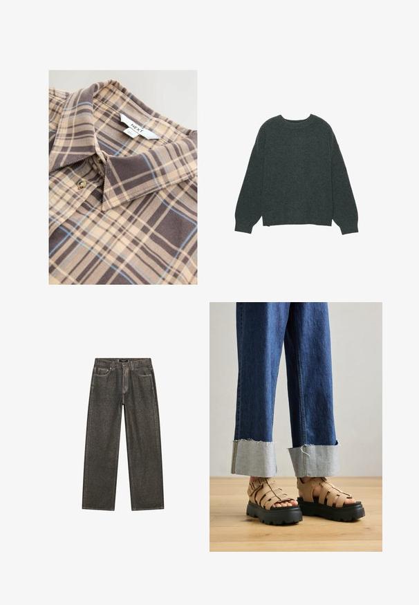 Dark gray, round-neck sweater with long sleeves. Made of soft, textured fabric. Features a relaxed fit and ribbed detailing at the neckline and cuffs.; Checked beige shirt featuring brown and blue plaid patterns, collar, and button closure. Made of soft fabric with a smooth texture.; Dark gray wide-leg jeans made of denim, featuring a classic five-pocket design, sturdy stitching, and a zip fly with a button closure.; Beige platform sandals with thick black soles, featuring multiple straps for support. Paired with light blue cuffed denim jeans.