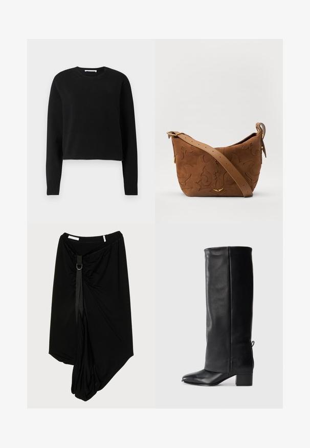Pulover scurt negru cu mâneci lungi, guler și manșoane cu nervuri, confecționat dintr-un material moale. Design simplu și fără cusături.; Fustă neagră asimetrică, realizată dintr-un material moale, având un panou fronțal pliat, cu un curea decorativă și un accent din inel metalic.; Cizme din piele neagră până la genunchi, cu un finisaj neted, vârf pătrat, toc bloc și detalii cu șnur pe lateral pentru ajustarea potrivirii.; Geantă de umăr din suede maro cu un design floral embosat, completată de o curea din piele maro netedă și accente din metal auriu.