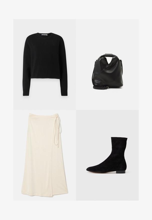 Juodasis trumpas megztinis su ilgomis rankovėmis, su raukšlėtu kaklu ir rankogaliais, pagamintas iš minkštos mezgimo medžiagos. Paprastas ir negalvojamai dizainas.; Šviesiai ruda apvyniota sijonas, pagamintas iš lygaus, lengvo audinio, su juosmens raiščiu ir šonine skeltimi, suteikiančia judėjimo patogumą.; Juoda zomšo kulkšnė su prigludusia ašimi, smailiu pirštu ir žemu bloku. Lygus paviršius ir minimalistiškas dizainas, tinkantis įvairiems stiliams.; Juodas, minkštas odinis krepšys su unikaliu išsuktiniu dizainu. Yra trumpas rankenas ir nuimamas peties diržas. Minimalistinis stilius.