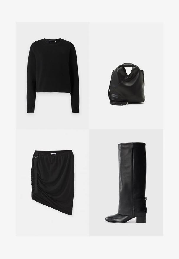 Must värvi lühike kampsun pikade varrukatega, sooniku krae ja mansettide ning pehme kootud materjaliga. Lihtne ja sujuv disain.; Musta kogutud seelik pehmest kangast, millel on asümmeetriline äär ja külgrihm koos metallist rõngaste detailiga.; Mustad mustad, millel on sile viimistlus, ruudukujuline varvas, plokk-konts ja küljel vajalikud paela detailid reguleeritavaks sobivuseks.; Must ja pehme nahast kott, millel on unikaalne keerdkujuline disain. Omab lühikest kätset ja eemaldatavat õlarihma. Minimalistlik stiil.