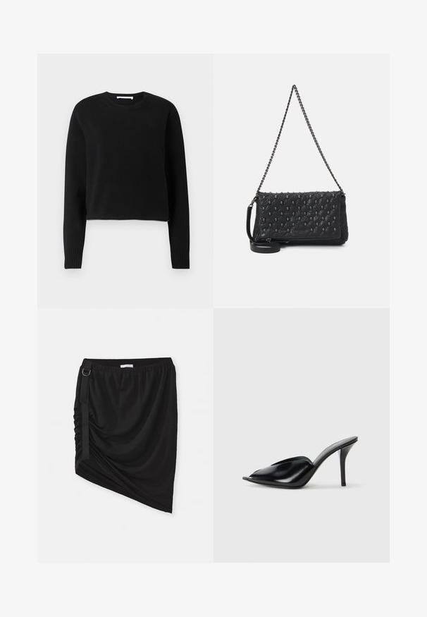 Pull court noir avec des manches longues, encolure et poignets côtelés, fabriqué dans un matériau tricoté doux. Design simple et sans couture.; Jupe noire froncée en tissu doux, avec un ourlet asymétrique et une sangle latérale agrémentée d'un détail en anneau métallique.; Mules à talons hauts en cuir noir, avec un design à bout ouvert, pointu, texture lisse et un fin talon aiguille.; Sac en cuir matelassé noir avec une bandoulière en chaîne, comportant des accents de crâne et une fermeture éclair. Surface texturée avec une finition brillante.