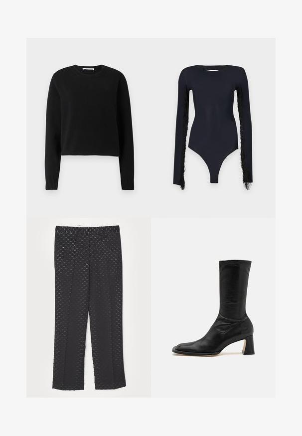 Juodasis trumpas megztinis su ilgomis rankovėmis, su raukšlėtu kaklu ir rankogaliais, pagamintas iš minkštos mezgimo medžiagos. Paprastas ir negalvojamai dizainas.; Juodas bodis ilgomis rankovėmis, su frakais papuošimu ant rankovių, pagamintas iš lygaus, tamprios medžiagos, su giliais iškirpimu.; Juodos kelnes su subtiliu pusmėnulio raštu, tiesiomis kojomis, sklandžiu audiniu ir standartiniu juosmens dizainu.; Juoda odinė kulkšnė batai su prigludusia apykakle, smailiu pirštu ir masyviu kulnu. Pasižymi lygiu tekstūra ir minimaliai siuvinėjimu.