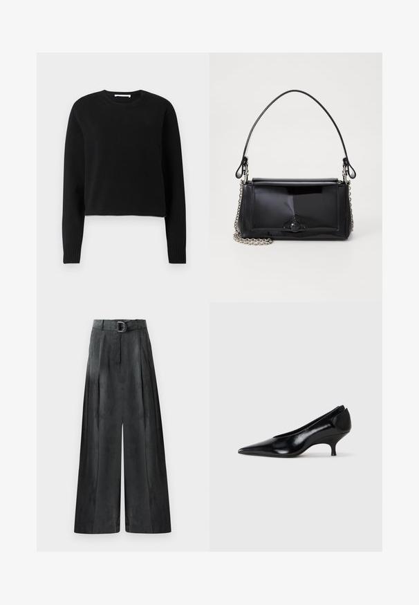 Pull court noir avec des manches longues, encolure et poignets côtelés, fabriqué dans un matériau tricoté doux. Design simple et sans couture.; Pantalons à jambes larges gris foncé, avec une texture lisse, des plis et une ceinture avec une boucle en métal argenté à la taille haute.; Escarpin en cuir noir avec un bout pointu, un talon bas, un design épuré et une texture lisse. Présente un style à enfiler sans visserie visible.; Sac à main en cuir verni noir de forme rectangulaire, avec une chaîne en bandoulière et un accent matériel distinctif au centre. Texture lisse.