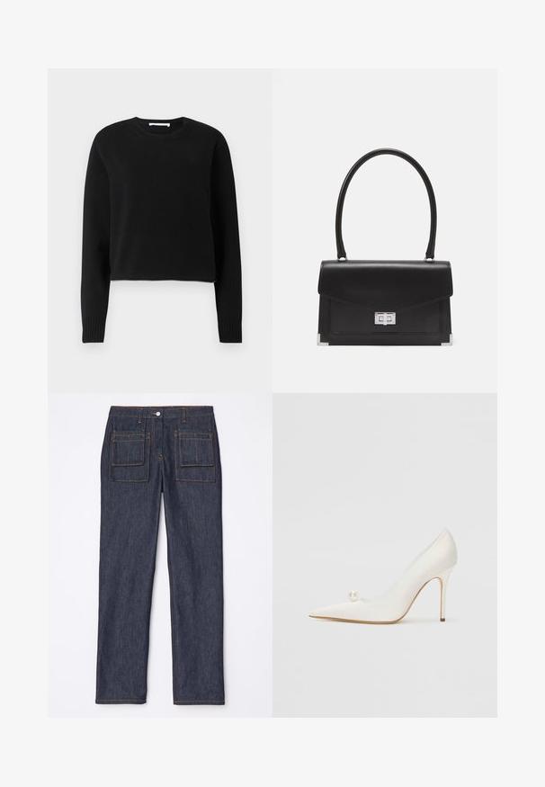 Fekete rövidített pulóver hosszú ujakkal, bordázott nyakkivágással és mandzsettával, puha kötött anyagból készült. Egyszerű és zökkenőmentes dizájn.; Sötétkék farmernadrág egyenes szárú fazonnal, melyen két hátsó zseb és kontrasztos narancssárga varrás található.; Fehér, hegyes orrú magassarkú cipő, fényes felülettel, oldalán díszes gyöngy akcentussal és karcsú, tűs sarokkal.; Fekete bőrtáska strukturált dizájnnal, felső fogantyúval és ezüst csattal. Sarokkiemelésekkel és sima textúrával rendelkezik.
