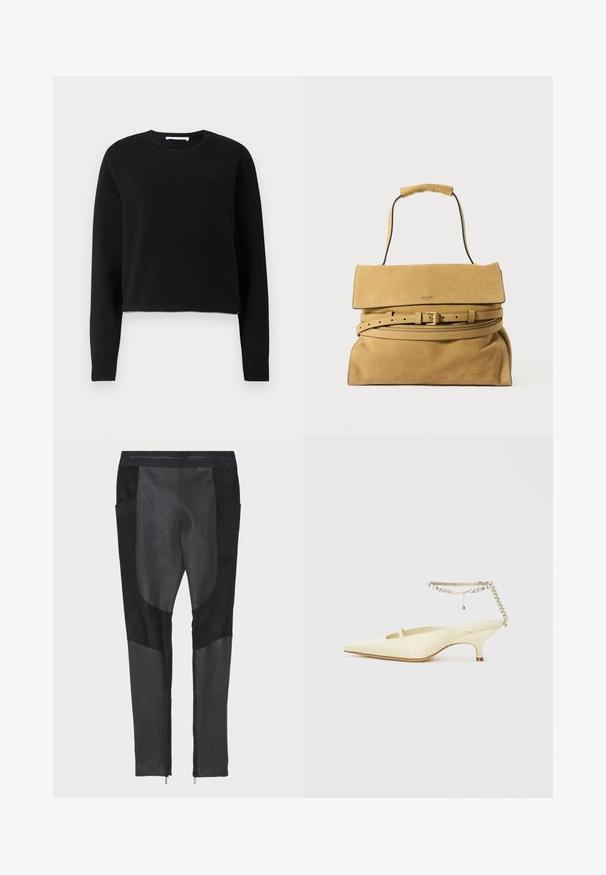 Sort cropped sweater med lange ærmer, ribbet halsudskæring og manchetter, lavet af et blødt strikmateriale. Simpelt og sømløst design.; Sorte bukser med en blanding af ruskind og denim teksturer. Slim fit med sidelommer og ankel lynlåse. Glat overflade med tydelig panelering.; Gul satin slingback sko med spids tå og lav hæl, samt en dekorativ kædeankelrem med rhinsten. Glat tekstur, minimalistisk design.; Beige suede Moschino håndtaske med et top-håndtag, fold-over klap og et matchende bælte omkring bunden.