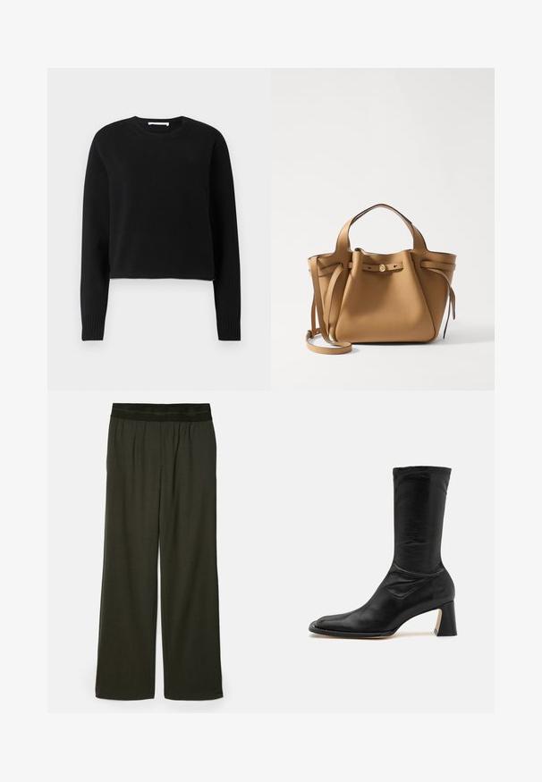 Juodasis trumpas megztinis su ilgomis rankovėmis, su raukšlėtu kaklu ir rankogaliais, pagamintas iš minkštos mezgimo medžiagos. Paprastas ir negalvojamai dizainas.; Tamsiai žali plačiai žandikaulio kelnes su lygiu paviršiumi, elastinga juosta ir be matomų raštų ar akcentų.; Juoda odinė kulkšnė batai su prigludusia apykakle, smailiu pirštu ir masyviu kulnu. Pasižymi lygiu tekstūra ir minimaliai siuvinėjimu.; Tory Burch ROMY PEBBLED SATCHEL - Rankinė - tiramisu