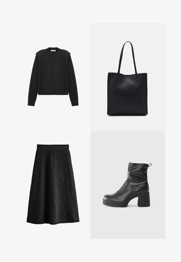 Tmavě šedý, zkrácený svetr s dlouhými rukávy, kulatým výstřihem a texturovaným povrchem. Jednoduchý design bez vzorů nebo zdobení.; Černá pletená sukně s rozšířeným střihem, texturovanou látkou, délky do poloviny lýtek a elastickým pasem. Bez kapes a ozdob.; Černé kotníkové boty vyrobené z hladké kůže, s bočním zipem, robustním strukturovaným podpatkem a kulatou špičkou.; Černá kožená taška přes rameno s hladkým povrchem, obdélníkovým tvarem a dvěma dlouhými uchy. Žádné viditelné kování ani ozdoby.