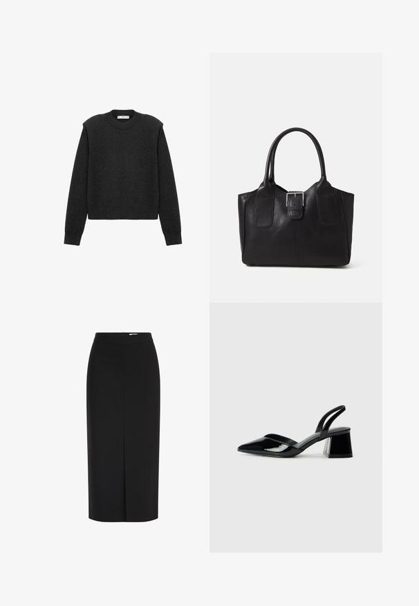 Tamnosivi skraćeni džemper s dugim rukavima, okruglim izrezom i teksturiranom završnom obradom. Jednostavan dizajn bez uzoraka ili ukrasa.; Crna pencil suknja do koljena, izrađena od glatkog materijala, ima prilagođeni kroj i diskretnu stražnju prorez za lakše kretanje.; Crne lakirane kožne sandale s otvorenom petom i špicastim vrhom, s geometrijskom blok petom. Imaju elegantan, minimalistički dizajn i glatku teksturu.; Crna kožna torba za nošenje s glatkom teksturom, strukturiranim oblikom, dvije ručke i istaknutim srebrnim kopčanjem na prednjoj strani.