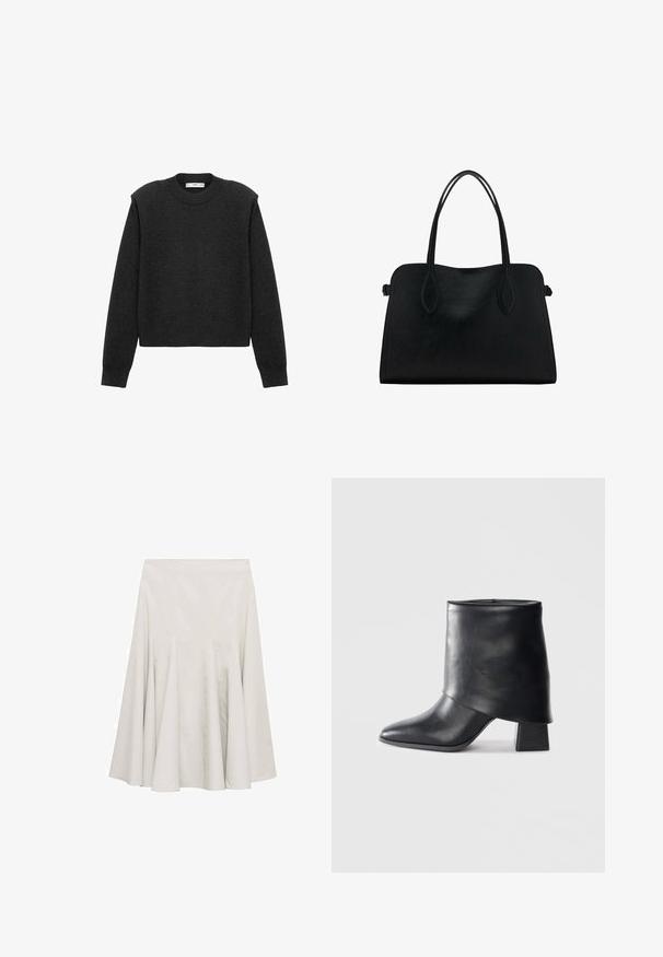 Dark gray, cropped sweater with long sleeves, a rounded neckline, and a textured finish. Simple design without patterns or embellishments.; Cream-colored flared skirt made of smooth fabric, featuring pleats for volume and a simple, unembellished design.; Black leather ankle boot with a pointed toe, smooth texture, and a structured block heel. Features a high, folded cuff design.; Black leather handbag with dual shoulder straps, rectangular shape, and minimalistic design on a white background.