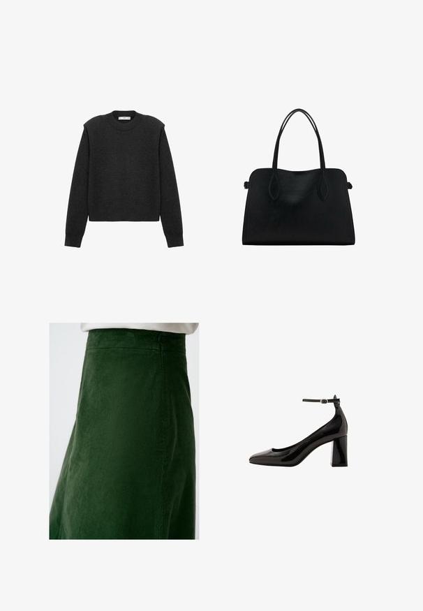 Pull en gris foncé, court, avec des manches longues, un col rond et une finition texturée. Design simple sans motifs ni embellissements.; Jupe en velours côtelé vert avec des côtes verticales, présentant une texture lisse et une taille cintrée, mettant en valeur des détails de couture le long des coutures.; Pompe à talon bloc en cuir verni noir avec une finition brillante, un bout pointu et une large bride à la cheville. Texture lisse, minimalisme dans les détails.; Sac à main en cuir noir avec deux anses, de forme rectangulaire et au design minimaliste sur un fond blanc.
