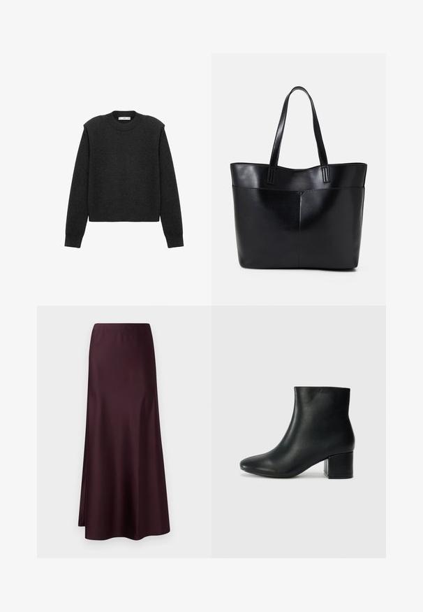 Pulover scurt, de culoare gri închis, cu mâneci lungi, guler rotund și un finisaj texturat. Design simplu, fără modele sau embellishments.; Fustă midi din satin burgund, cu o textură netedă, talie ajustată și o tivă fluidă, având o deschidere laterală pentru ușurința mișcării.; Cizme negre din piele până la gleznă, cu vârf ascuțit și toc robust. Textură netedă, cu accente minime și un design elegant, ajustat.; Geantă oversized din piele neagră, cu două mânere lungi, de textură netedă și formă structurată. Are un buzunar frontal pentru stocare suplimentară.